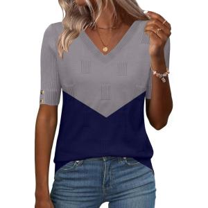 image:imageZeagoo Womens Short Sleeve Sweater 2026 Summer V Neck Lightweight Sweater Tops Dressy Ribbed Knit Outfits with ButtonsGraynavy