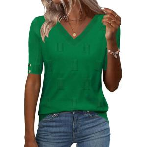 image:imageZeagoo Womens Short Sleeve Sweater 2026 Summer V Neck Lightweight Sweater Tops Dressy Ribbed Knit Outfits with ButtonsGreen
