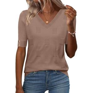image:imageZeagoo Womens Short Sleeve Sweater 2026 Summer V Neck Lightweight Sweater Tops Dressy Ribbed Knit Outfits with ButtonsKhaki