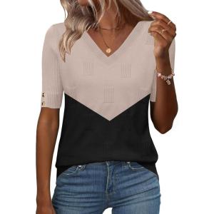 image:imageZeagoo Womens Short Sleeve Sweater 2026 Summer V Neck Lightweight Sweater Tops Dressy Ribbed Knit Outfits with ButtonsKhakiblack
