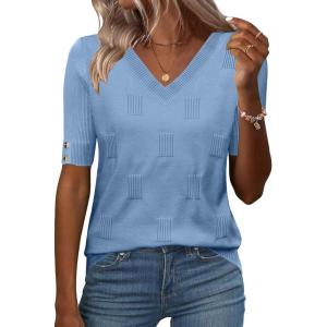 image:imageZeagoo Womens Short Sleeve Sweater 2026 Summer V Neck Lightweight Sweater Tops Dressy Ribbed Knit Outfits with ButtonsLight Blue