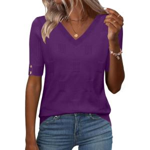 image:imageZeagoo Womens Short Sleeve Sweater 2026 Summer V Neck Lightweight Sweater Tops Dressy Ribbed Knit Outfits with ButtonsPurple