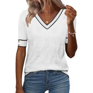 image:imageZeagoo Womens Short Sleeve Sweater 2026 Summer V Neck Lightweight Sweater Tops Dressy Ribbed Knit Outfits with ButtonsWhiteblack