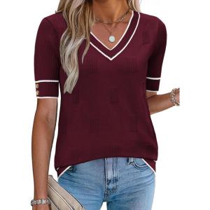image:imageZeagoo Womens Short Sleeve Sweater 2026 Summer V Neck Lightweight Sweater Tops Dressy Ribbed Knit Outfits with ButtonsWine Redwhite