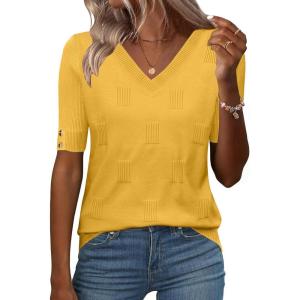 image:imageZeagoo Womens Short Sleeve Sweater 2026 Summer V Neck Lightweight Sweater Tops Dressy Ribbed Knit Outfits with ButtonsYellow