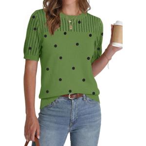 image:imageZeagoo Womens Short Sleeve Sweater Tops 2026 Spring Summer Crew Neck Hollow Out Blouses Dressy Business Casual OutfitsGreen Polka Dots