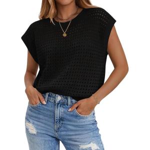 image:imageZeagoo Womens Spring Summer Crochet Tops Cap Sleeve Sweater Vest Hollow Out Pullover Shirts Beach Vacation ClothesBlack