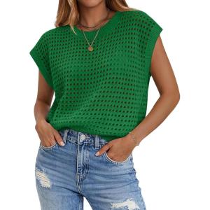 image:imageZeagoo Womens Spring Summer Crochet Tops Cap Sleeve Sweater Vest Hollow Out Pullover Shirts Beach Vacation ClothesGreen