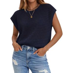image:imageZeagoo Womens Spring Summer Crochet Tops Cap Sleeve Sweater Vest Hollow Out Pullover Shirts Beach Vacation ClothesNavy Blue
