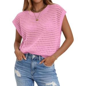 image:imageZeagoo Womens Spring Summer Crochet Tops Cap Sleeve Sweater Vest Hollow Out Pullover Shirts Beach Vacation ClothesPink