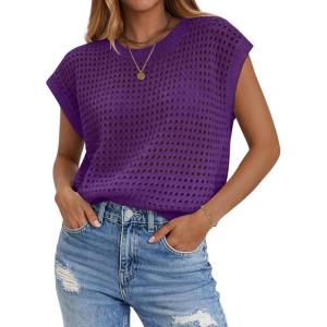 image:imageZeagoo Womens Spring Summer Crochet Tops Cap Sleeve Sweater Vest Hollow Out Pullover Shirts Beach Vacation ClothesPurple