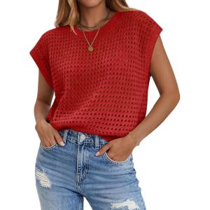 image:imageZeagoo Womens Spring Summer Crochet Tops Cap Sleeve Sweater Vest Hollow Out Pullover Shirts Beach Vacation ClothesRed