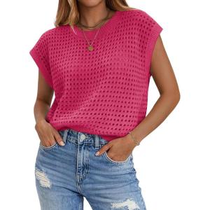 image:imageZeagoo Womens Spring Summer Crochet Tops Cap Sleeve Sweater Vest Hollow Out Pullover Shirts Beach Vacation ClothesRose Red