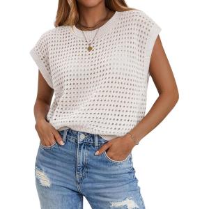 image:imageZeagoo Womens Spring Summer Crochet Tops Cap Sleeve Sweater Vest Hollow Out Pullover Shirts Beach Vacation ClothesWhite