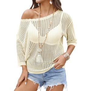 image:imageZeagoo Womens Summer Tops Crochet Sweaters Resort Wear 34 Sleeve Hollow Out Knit Tops 2026 Beach CoverupApricot