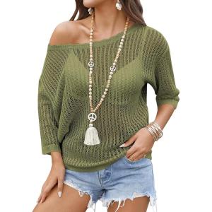 image:imageZeagoo Womens Summer Tops Crochet Sweaters Resort Wear 34 Sleeve Hollow Out Knit Tops 2026 Beach CoverupArmy Green