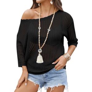 image:imageZeagoo Womens Summer Tops Crochet Sweaters Resort Wear 34 Sleeve Hollow Out Knit Tops 2026 Beach CoverupBlack