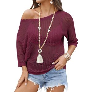 image:imageZeagoo Womens Summer Tops Crochet Sweaters Resort Wear 34 Sleeve Hollow Out Knit Tops 2026 Beach CoverupBurgundy