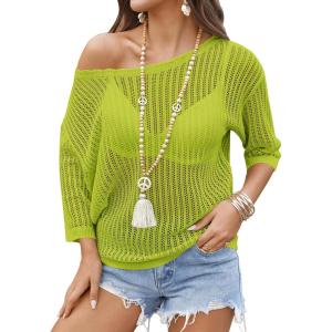 image:imageZeagoo Womens Summer Tops Crochet Sweaters Resort Wear 34 Sleeve Hollow Out Knit Tops 2026 Beach CoverupLemon