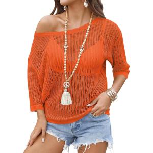 image:imageZeagoo Womens Summer Tops Crochet Sweaters Resort Wear 34 Sleeve Hollow Out Knit Tops 2026 Beach CoverupOrange