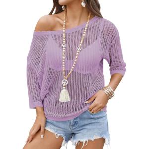 image:imageZeagoo Womens Summer Tops Crochet Sweaters Resort Wear 34 Sleeve Hollow Out Knit Tops 2026 Beach CoverupPurple