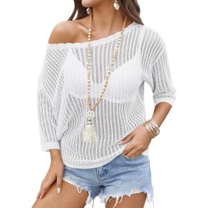 image:imageZeagoo Womens Summer Tops Crochet Sweaters Resort Wear 34 Sleeve Hollow Out Knit Tops 2026 Beach CoverupWhite