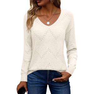 image:imageZeagoo Womens Sweaters Fall Trendy Casual Long Sleeve Shirt Lightweight V Neck Off Shoulder Crochet Pullover Top OutfitBbeige