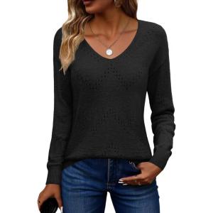 image:imageZeagoo Womens Sweaters Fall Trendy Casual Long Sleeve Shirt Lightweight V Neck Off Shoulder Crochet Pullover Top OutfitBblack
