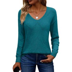 image:imageZeagoo Womens Sweaters Fall Trendy Casual Long Sleeve Shirt Lightweight V Neck Off Shoulder Crochet Pullover Top OutfitBblue Green