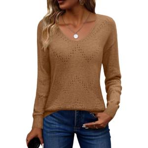 image:imageZeagoo Womens Sweaters Fall Trendy Casual Long Sleeve Shirt Lightweight V Neck Off Shoulder Crochet Pullover Top OutfitBbrown