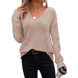image:imageZeagoo Womens Sweaters Fall Trendy Casual Long Sleeve Shirt Lightweight V Neck Off Shoulder Crochet Pullover Top OutfitBdark Apricot