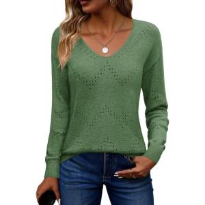 image:imageZeagoo Womens Sweaters Fall Trendy Casual Long Sleeve Shirt Lightweight V Neck Off Shoulder Crochet Pullover Top OutfitBgray Green