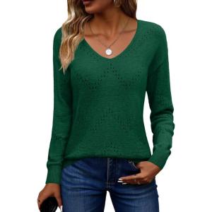 image:imageZeagoo Womens Sweaters Fall Trendy Casual Long Sleeve Shirt Lightweight V Neck Off Shoulder Crochet Pullover Top OutfitBgreen