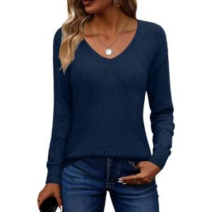 image:imageZeagoo Womens Sweaters Fall Trendy Casual Long Sleeve Shirt Lightweight V Neck Off Shoulder Crochet Pullover Top OutfitBnavy Blue
