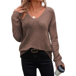 image:imageZeagoo Womens Sweaters Fall Trendy Casual Long Sleeve Shirt Lightweight V Neck Off Shoulder Crochet Pullover Top OutfitBnutmeg