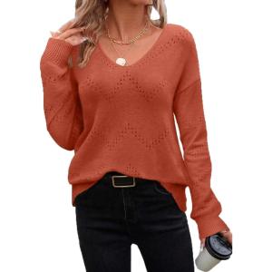 image:imageZeagoo Womens Sweaters Fall Trendy Casual Long Sleeve Shirt Lightweight V Neck Off Shoulder Crochet Pullover Top OutfitBorange