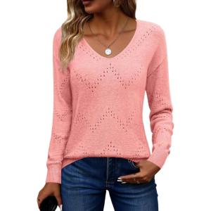 image:imageZeagoo Womens Sweaters Fall Trendy Casual Long Sleeve Shirt Lightweight V Neck Off Shoulder Crochet Pullover Top OutfitBpink