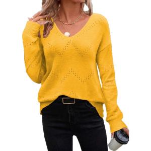 image:imageZeagoo Womens Sweaters Fall Trendy Casual Long Sleeve Shirt Lightweight V Neck Off Shoulder Crochet Pullover Top OutfitByellow