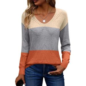 image:imageZeagoo Womens Sweaters Fall Trendy Casual Long Sleeve Shirt Lightweight V Neck Off Shoulder Crochet Pullover Top OutfitCcolorblock Apricot