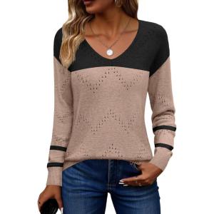 image:imageZeagoo Womens Sweaters Fall Trendy Casual Long Sleeve Shirt Lightweight V Neck Off Shoulder Crochet Pullover Top OutfitEblack Apricot