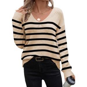 image:imageZeagoo Womens Sweaters Fall Trendy Casual Long Sleeve Shirt Lightweight V Neck Off Shoulder Crochet Pullover Top OutfitFapricot Sriped