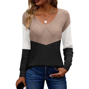 image:imageZeagoo Womens Sweaters Fall Trendy Casual Long Sleeve Shirt Lightweight V Neck Off Shoulder Crochet Pullover Top OutfitFblack White Apricot