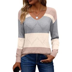 image:imageZeagoo Womens Sweaters Fall Trendy Casual Long Sleeve Shirt Lightweight V Neck Off Shoulder Crochet Pullover Top OutfitFcolorblock Camel