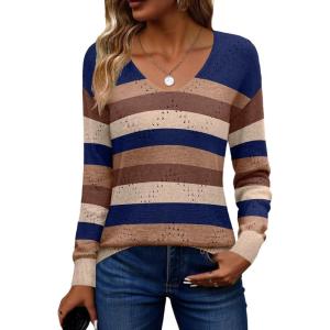image:imageZeagoo Womens Sweaters Fall Trendy Casual Long Sleeve Shirt Lightweight V Neck Off Shoulder Crochet Pullover Top OutfitFcolorblock Striped