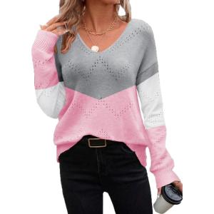 image:imageZeagoo Womens Sweaters Fall Trendy Casual Long Sleeve Shirt Lightweight V Neck Off Shoulder Crochet Pullover Top OutfitFgray Pink