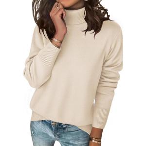 image:imageZeagoo Womens Turtleneck Sweater Long Sleeve Spilt Hem Casual Knit Pullover Chunky Fall Winter Jumper Top 2026Beige