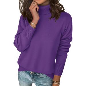 image:imageZeagoo Womens Turtleneck Sweater Long Sleeve Spilt Hem Casual Knit Pullover Chunky Fall Winter Jumper Top 2026Dark Purple