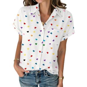 image:imageZeagoo White Button Down Shirt Women Heart Print Short Sleeve Blouse Dressy Casual Business Work Tops M