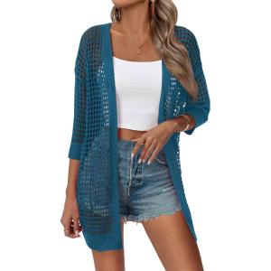 image:imageZeagoo Womens 2026 Summer Crochet Lightweight Cardigan Short Sleeve Boho Kimono Oversized Open Front Sweater Tops02 Lake Blue