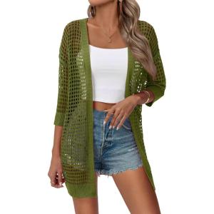 image:imageZeagoo Womens 2026 Summer Crochet Lightweight Cardigan Short Sleeve Boho Kimono Oversized Open Front Sweater TopsArmy Green